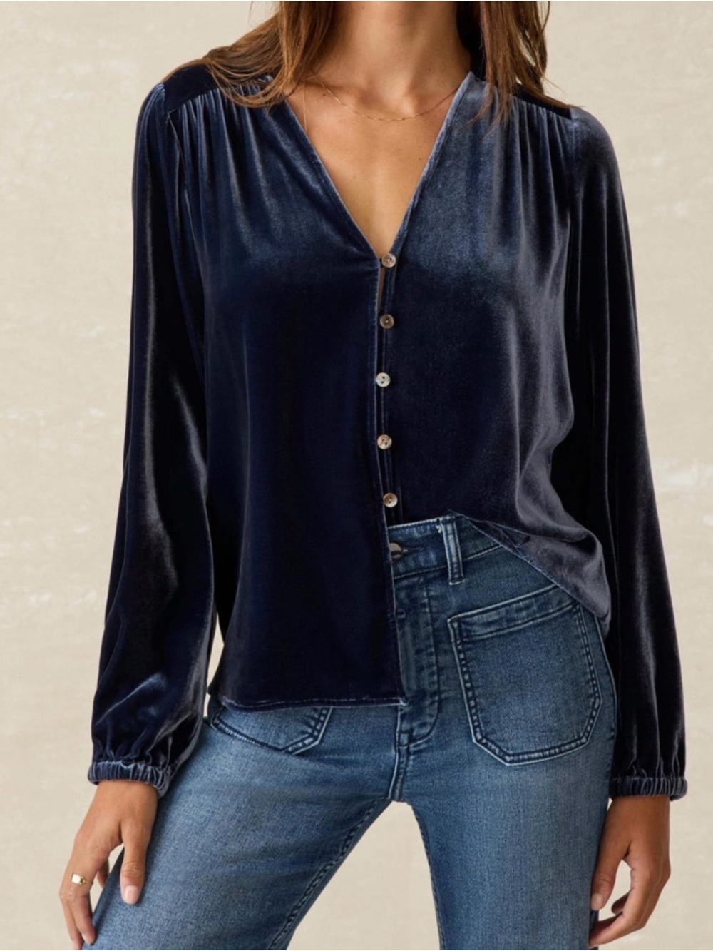 Faherty Stretch Silk Velvet Navy Rowan Top